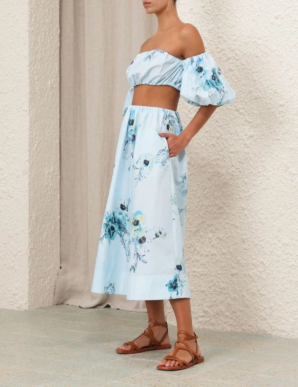 Lightburst Gathered Midi Skirt & Puff Sleeve Top Set