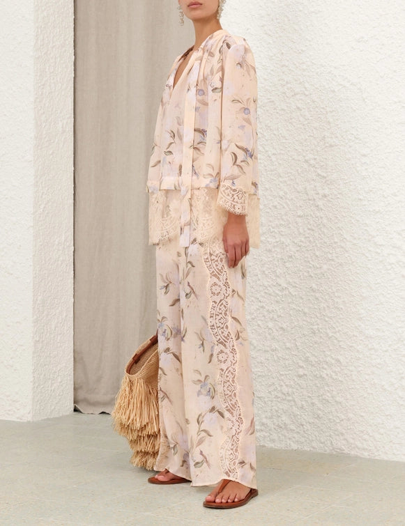Cascadian Tie Neck Blouse & Lace Trimmed Pant Set