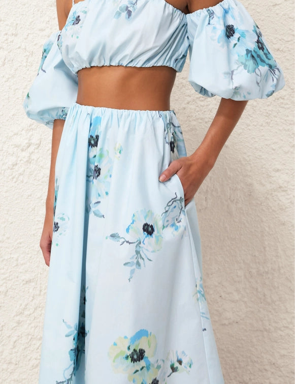 Lightburst Gathered Midi Skirt & Puff Sleeve Top Set