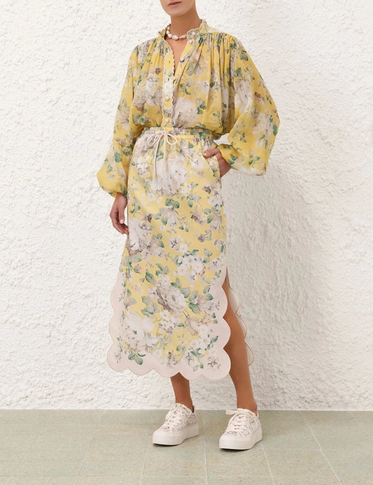 Acacia Scallop Blouse & Midi Skirt Set