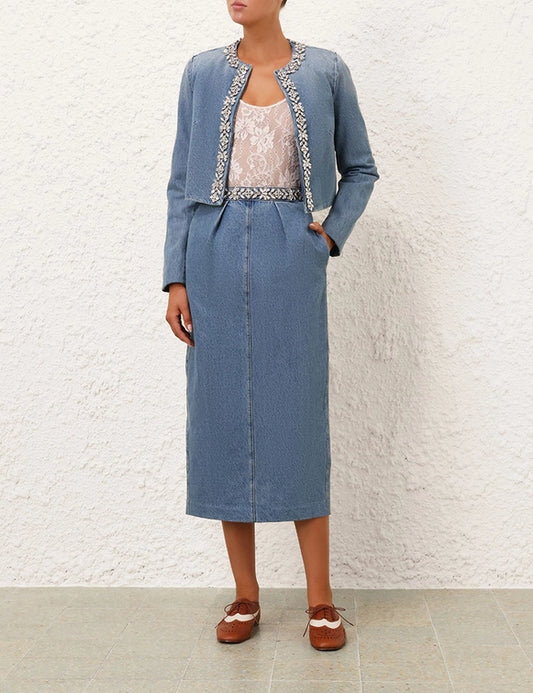 Crush Embellished Denim Skirt & Jacket Set