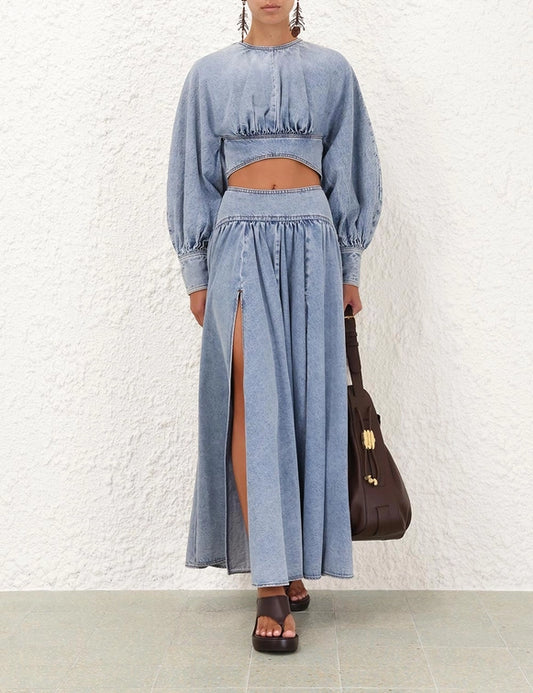 Batwing Denim Top & Denim Circle Skirt Set