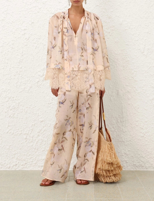 Cascadian Lace Tie Neck Blouse & Trimmed Pant Set