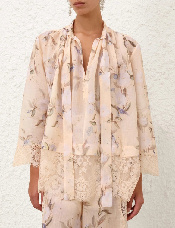 Cascadian Tie Neck Blouse & Lace Trimmed Pant Set