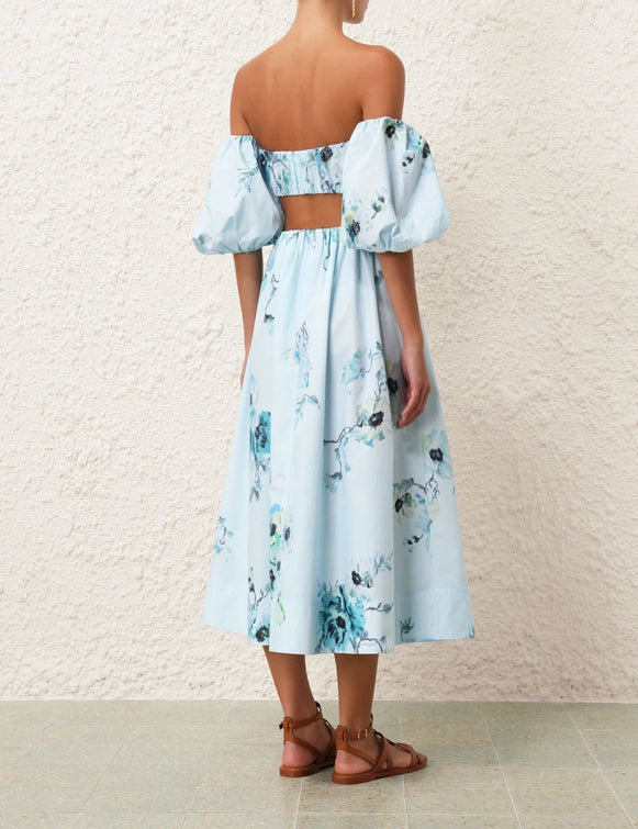 Lightburst Gathered Midi Skirt & Puff Sleeve Top Set