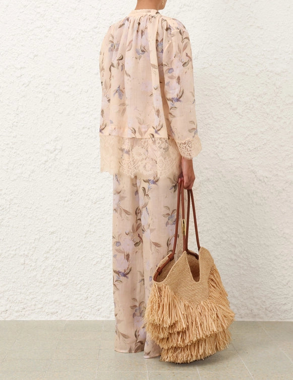 Cascadian Tie Neck Blouse & Lace Trimmed Pant Set
