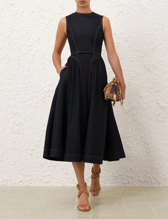 Denim Panelled Midi Dress