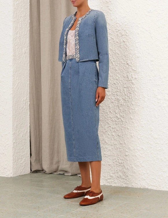 Crush Embellished Denim Skirt & Jacket Set