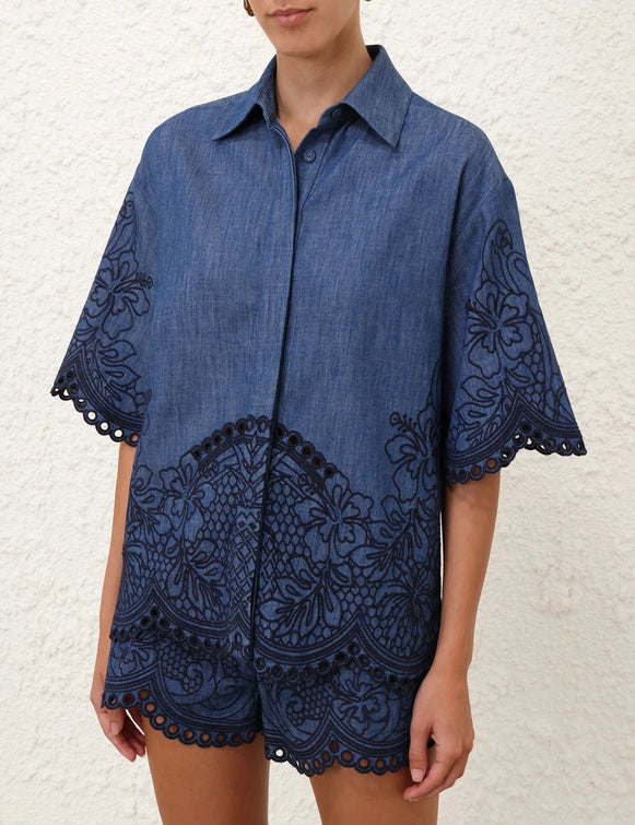 Coco Embroidered Denim Shirt & Short Set
