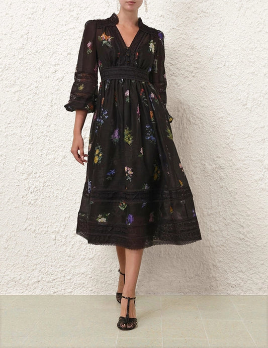 Natura V Neck Lace Midi Dress
