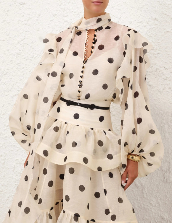 Crush Tie Neck Ruffle Blouse & High-Low Tiered Skirt Set