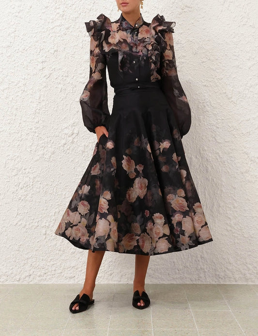 Crush Frill Sleeve Blouse & Midi Skirt Set