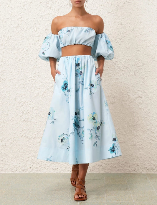 Lightburst Gathered Midi Skirt & Puff Sleeve Top Set