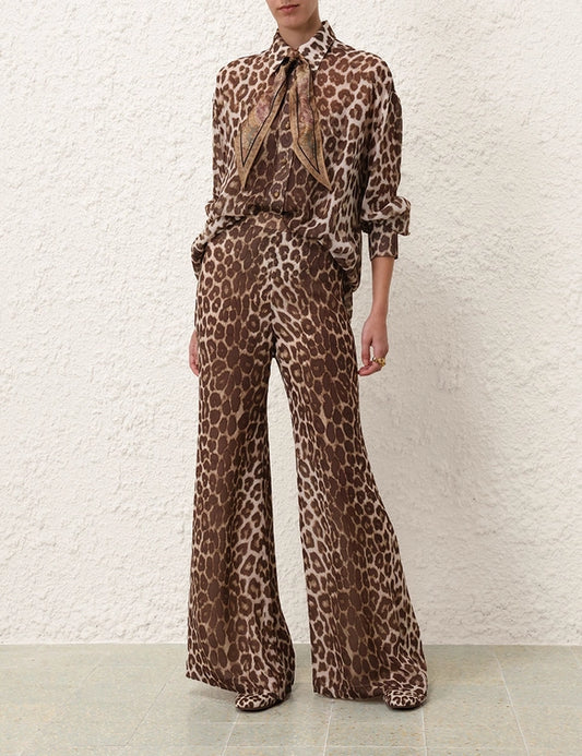 Illustration Leopard Shirt & Flare Pant Set