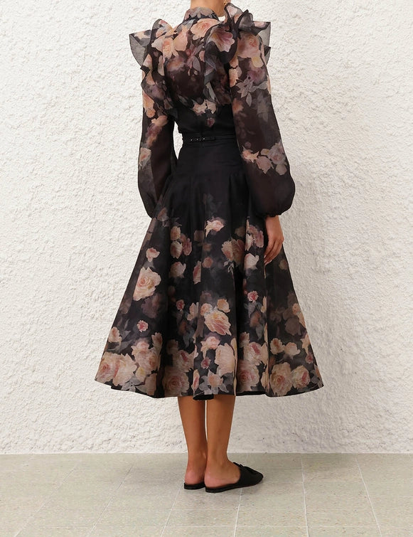 Crush Frill Sleeve Blouse & Midi Skirt Set