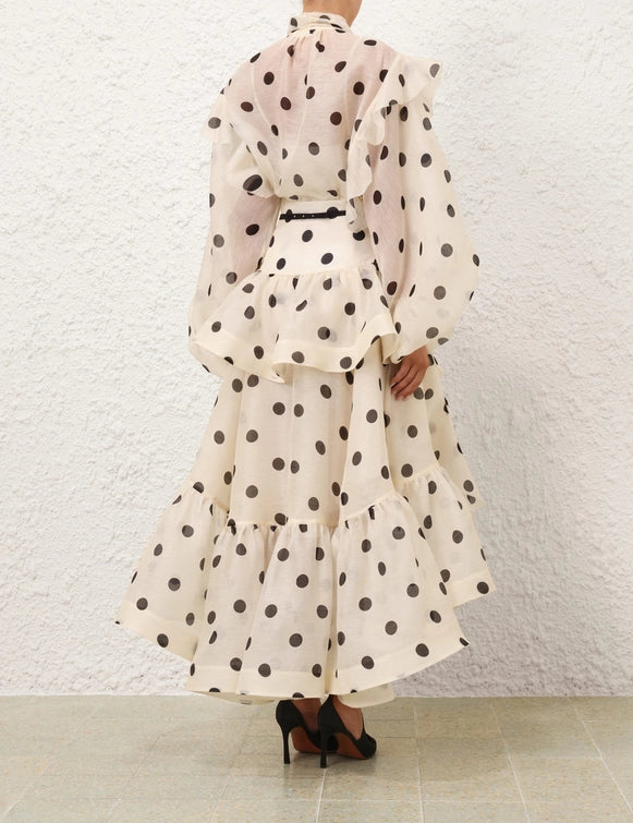 Crush Tie Neck Ruffle Blouse & High-Low Tiered Skirt Set