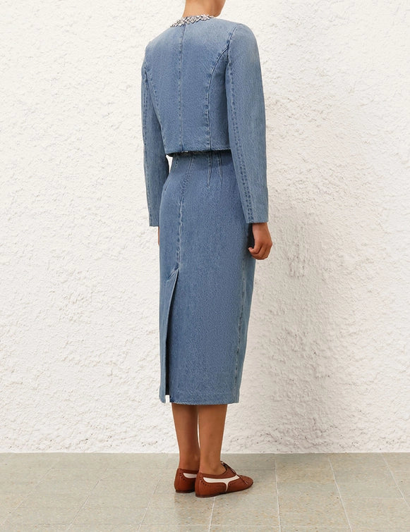 Crush Embellished Denim Skirt & Jacket Set