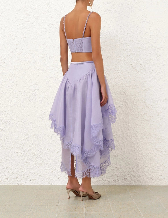 Crush Twist Front Bralette & Lace Trim Skirt Set