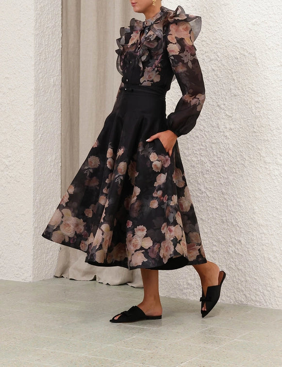 Crush Frill Sleeve Blouse & Midi Skirt Set