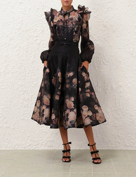 Crush Frill Sleeve Blouse & Midi Skirt Set
