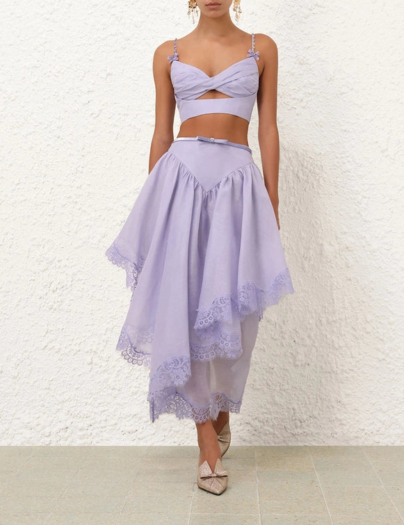 Crush Twist Front Bralette & Lace Trim Skirt Set
