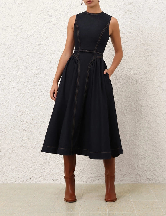 Denim Panelled Midi Dress