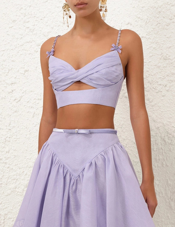 Crush Twist Front Bralette & Lace Trim Skirt Set