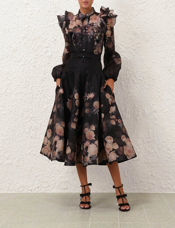 Crush Frill Sleeve Blouse & Midi Skirt Set