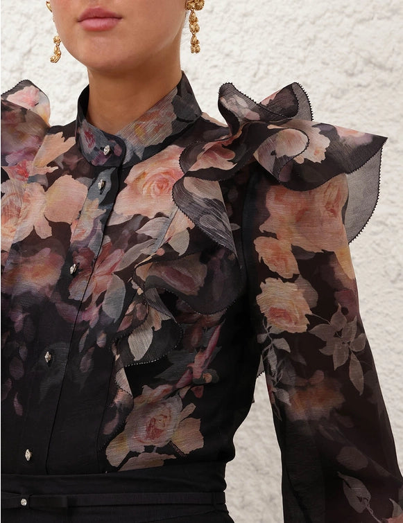 Crush Frill Sleeve Blouse & Midi Skirt Set