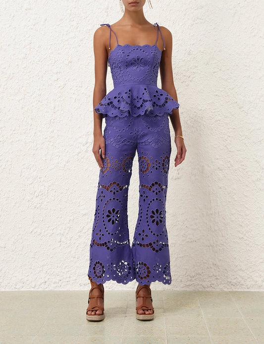 Pop Embroidered Scallop Top & Crop Pant Set
